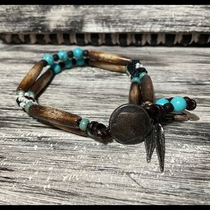 Buffalo penny button closure leather turquoise glass and wood bead bracelet